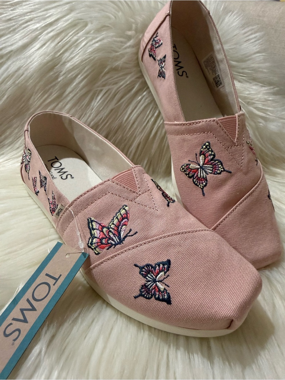 TOMS Pink Embroidered Butterfly Canvas Slip-Ons